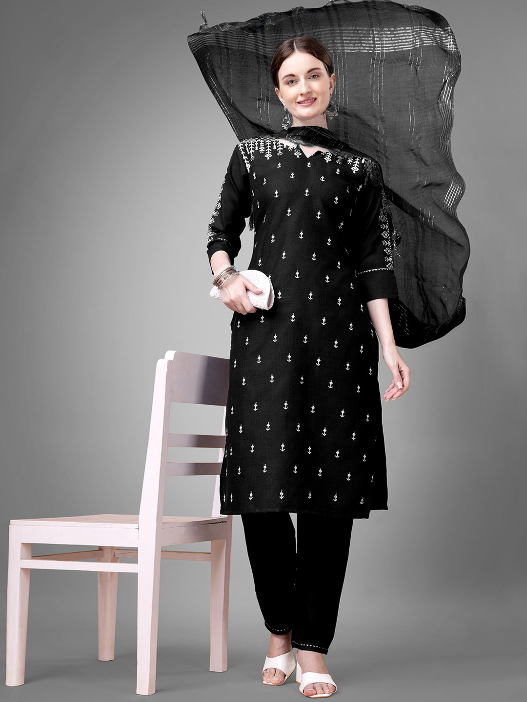 

ksevencreation Women Paisley Embroidered Regular Kurta with Churidar & With Dupatta, Black