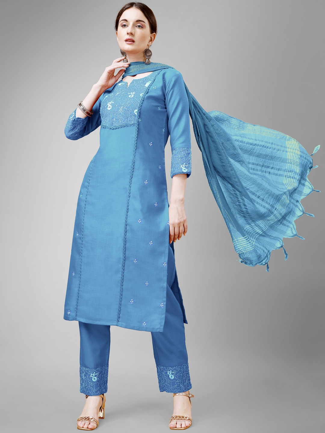 

ksevencreation Women Ethnic Motifs Embroidered Regular Sequinned Kurta with Churidar & With Dupatta, Blue