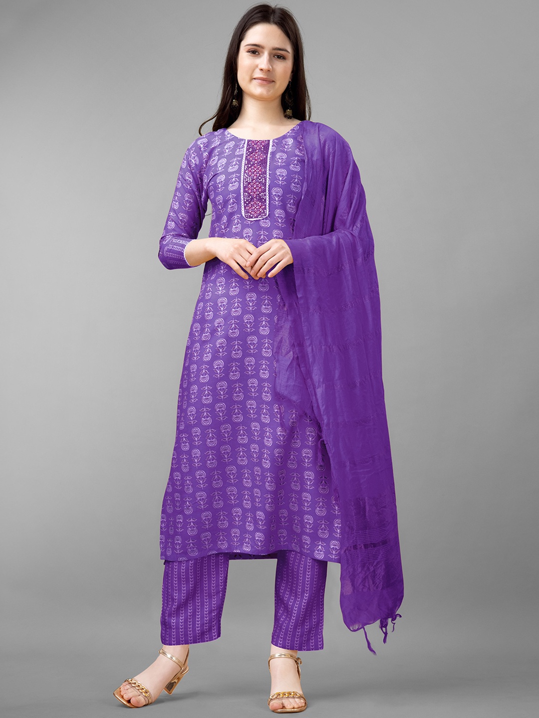 

ksevencreation Women Ethnic Motifs Printed Regular Sequinned Kurti with Trousers & With Dupatta, Purple