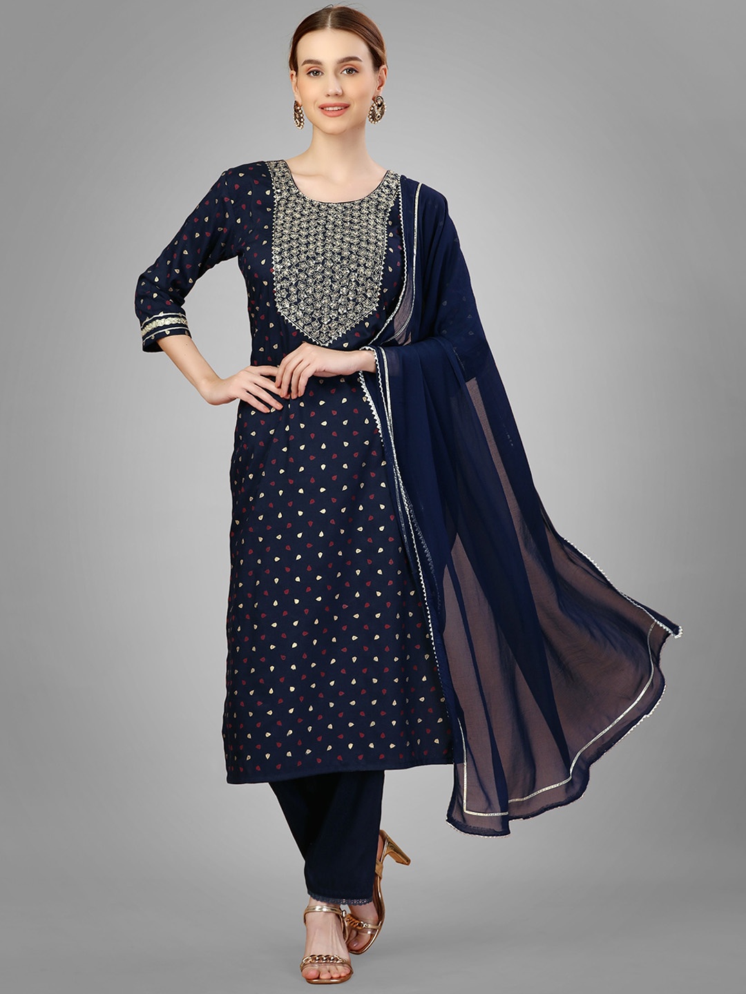 

ksevencreation Women Ethnic Motifs Embroidered Regular Kurta with Churidar & With Dupatta, Navy blue