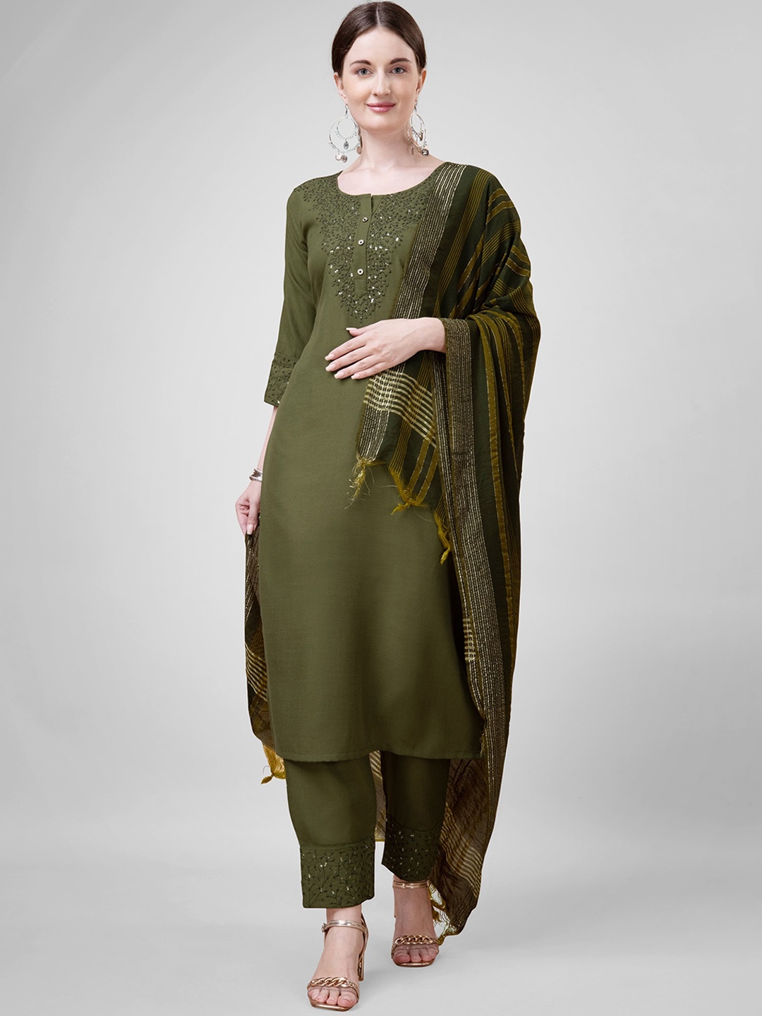 

ksevencreation Women Floral Embroidered Regular Sequinned Kurta with Churidar & With Dupatta, Green
