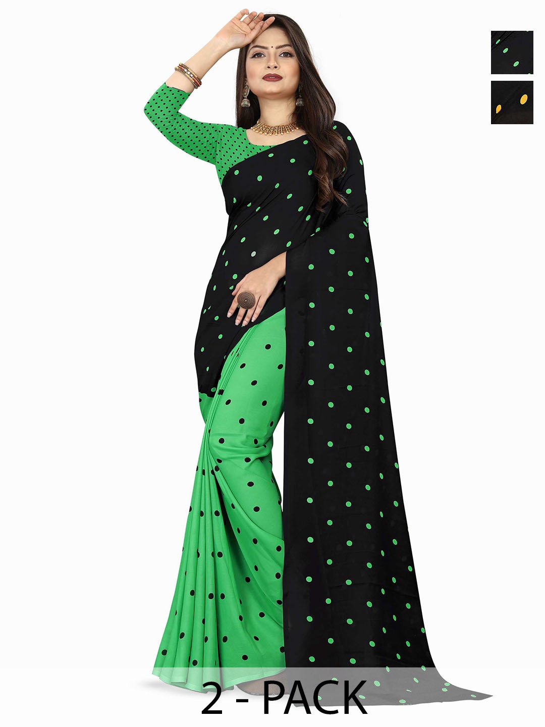 

ANAND SAREES Polka Dot Half and Half Saree, Green
