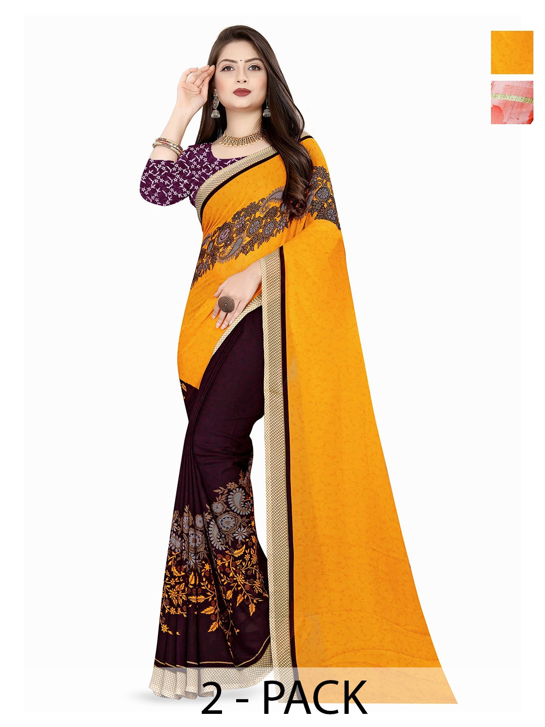 

ANAND SAREES Pack Of 2 Floral Poly Georgette Saree, Yellow