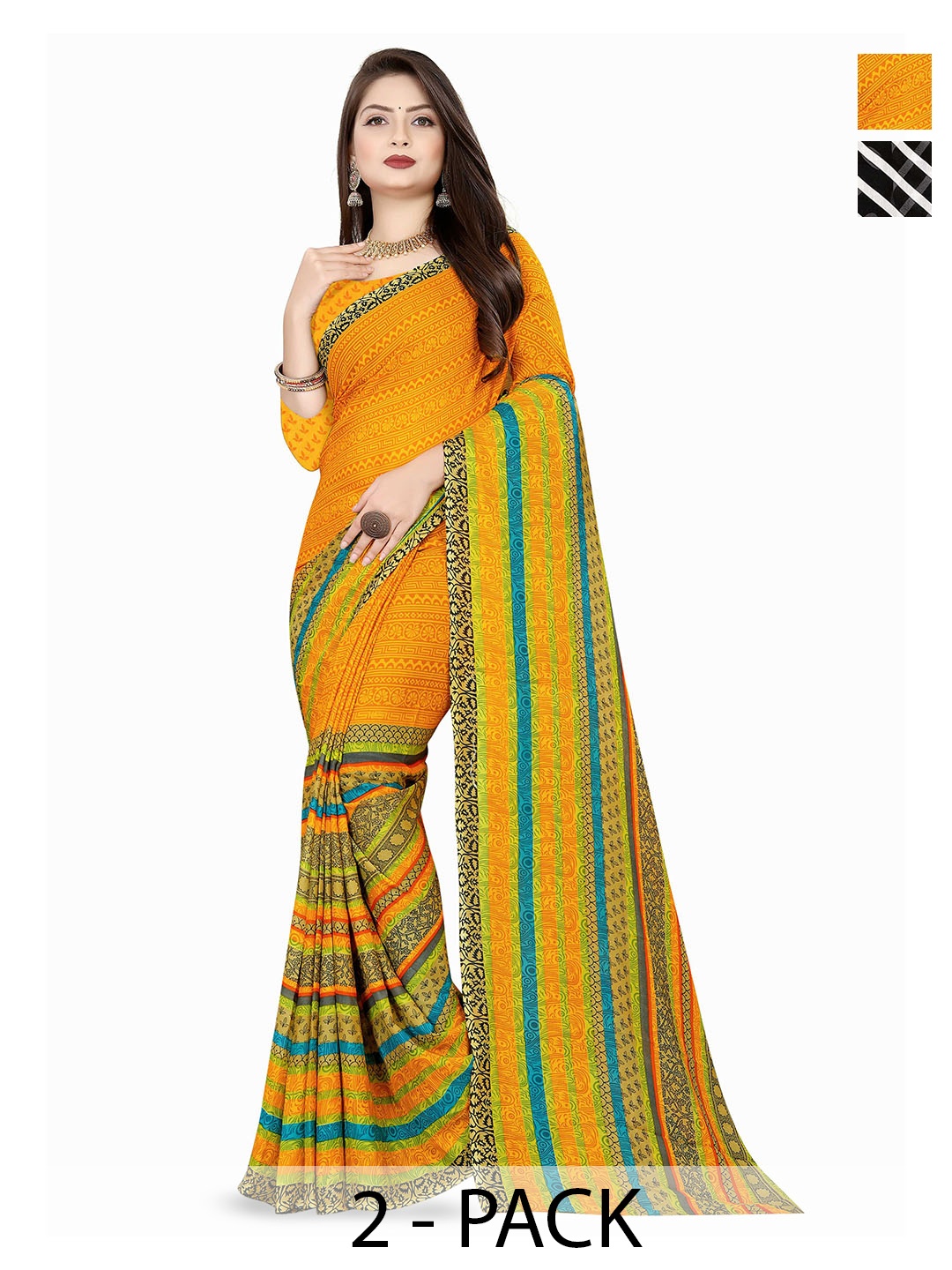 

ANAND SAREES Selection of 2 Striped Poly Georgette Saree, Yellow