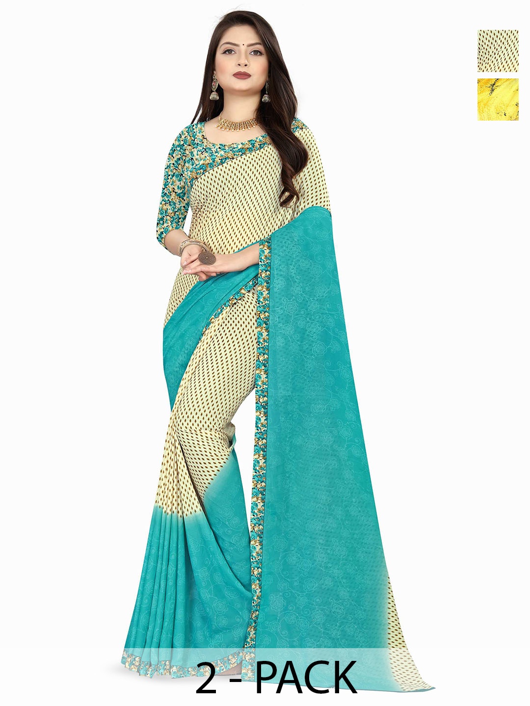 

ANAND SAREES Floral Poly Georgette Saree Pack of 2, Yellow