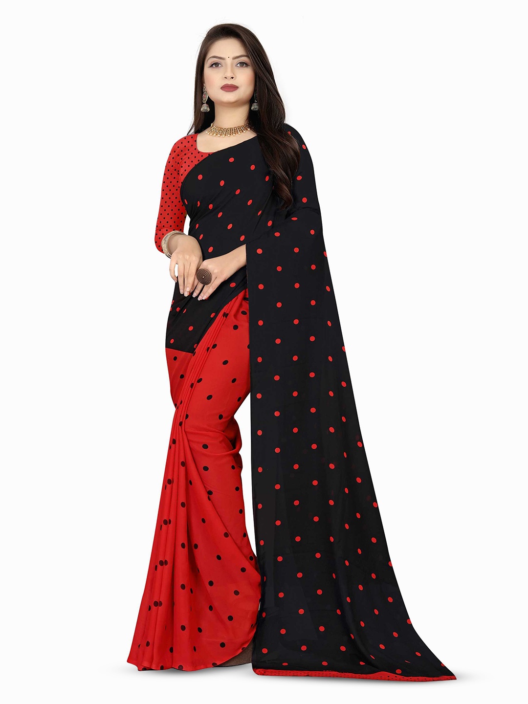 

ANAND SAREES Pack Of 2 Polka Dot Poly Georgette Saree, Black