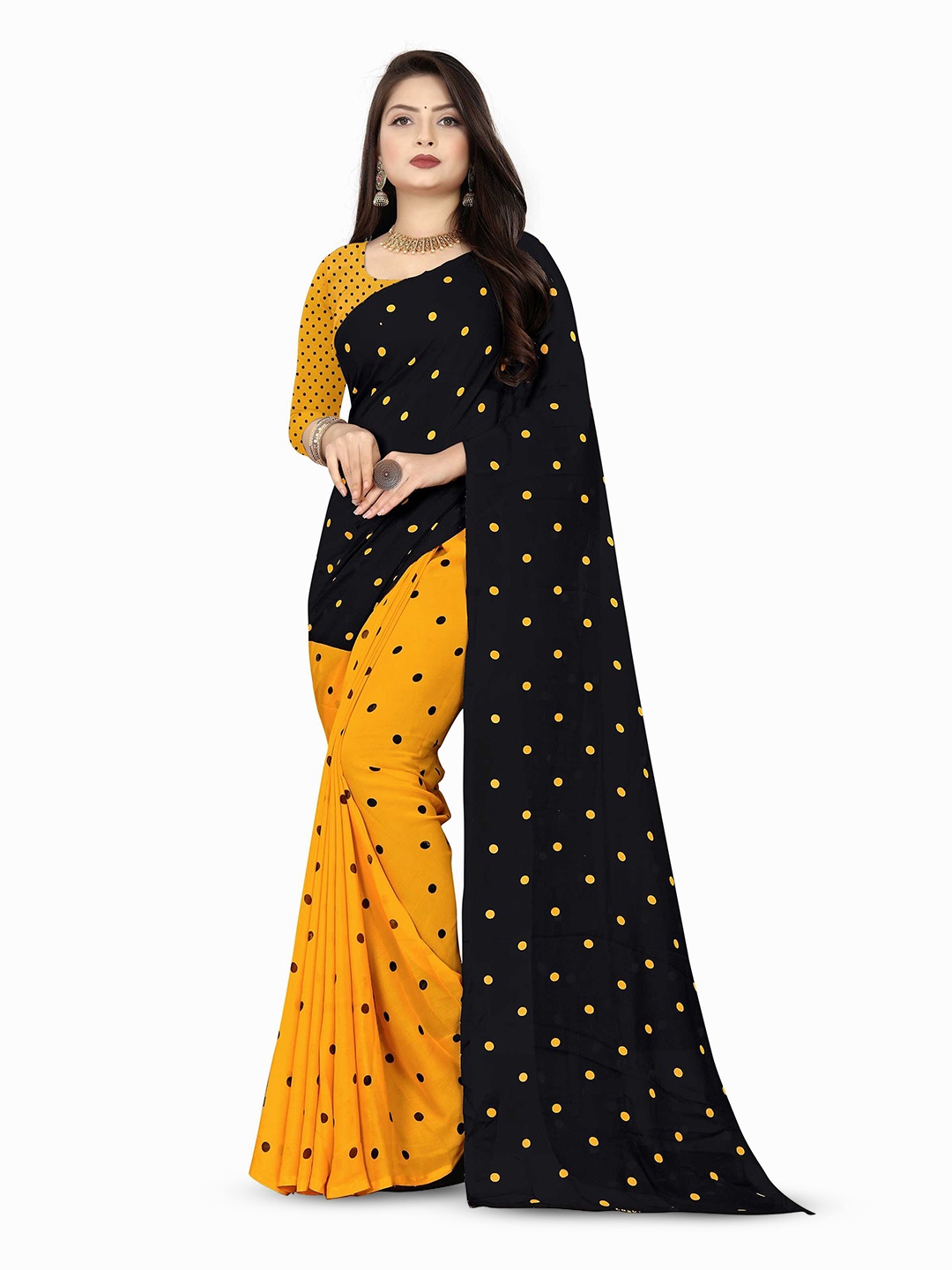 

ANAND SAREES Printed Polka Dot Georgette Saree, Yellow