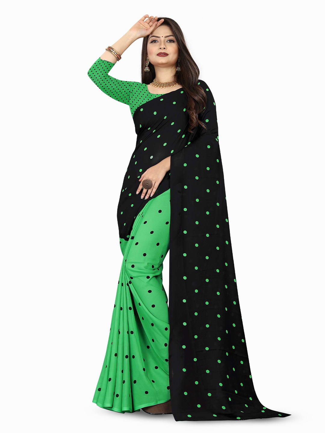 

ANAND SAREES Printed Polka Dot Georgette Half and Half Saree, Green