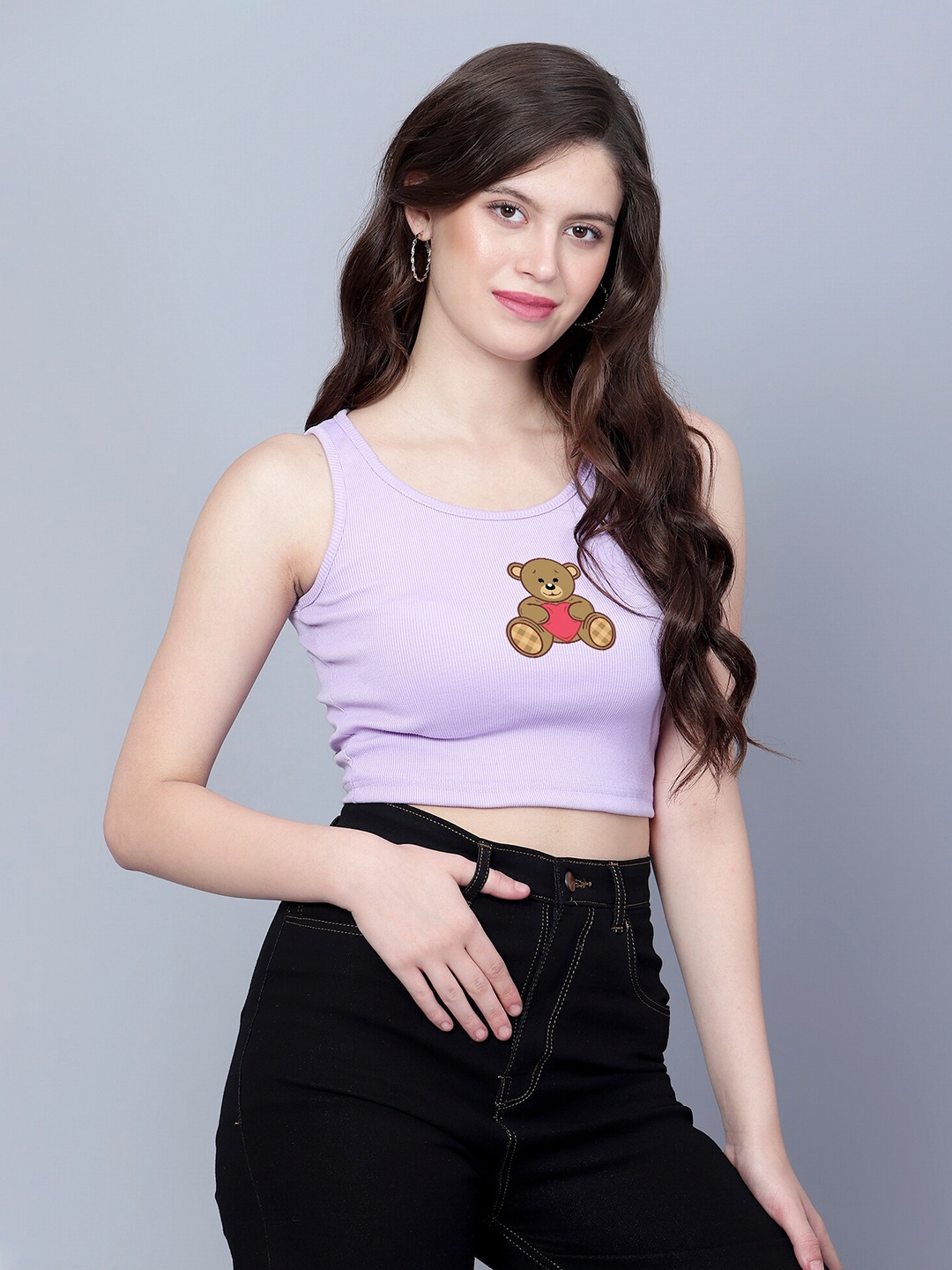 

Fashion And Youth Graphic Printed Fitted Crop Top, Lavender
