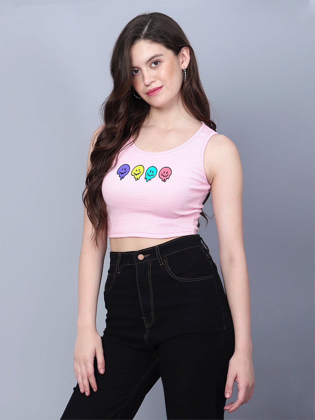 

Fashion And Youth Graphic Printed Sleeveless Fitted Crop Top, Pink