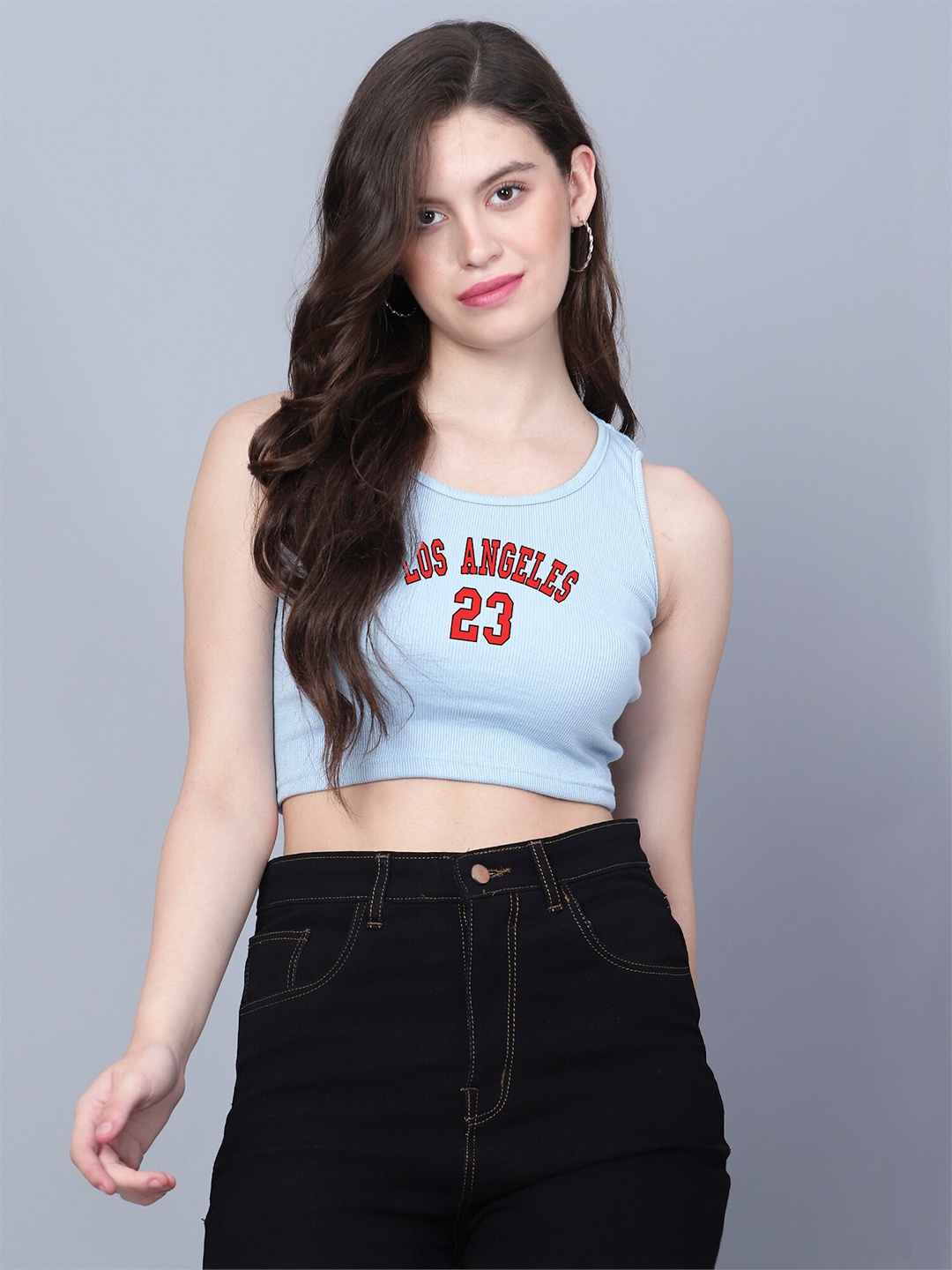 

Fashion And Youth Typography Printed Sleeveless Crop Tank Top, Turquoise blue