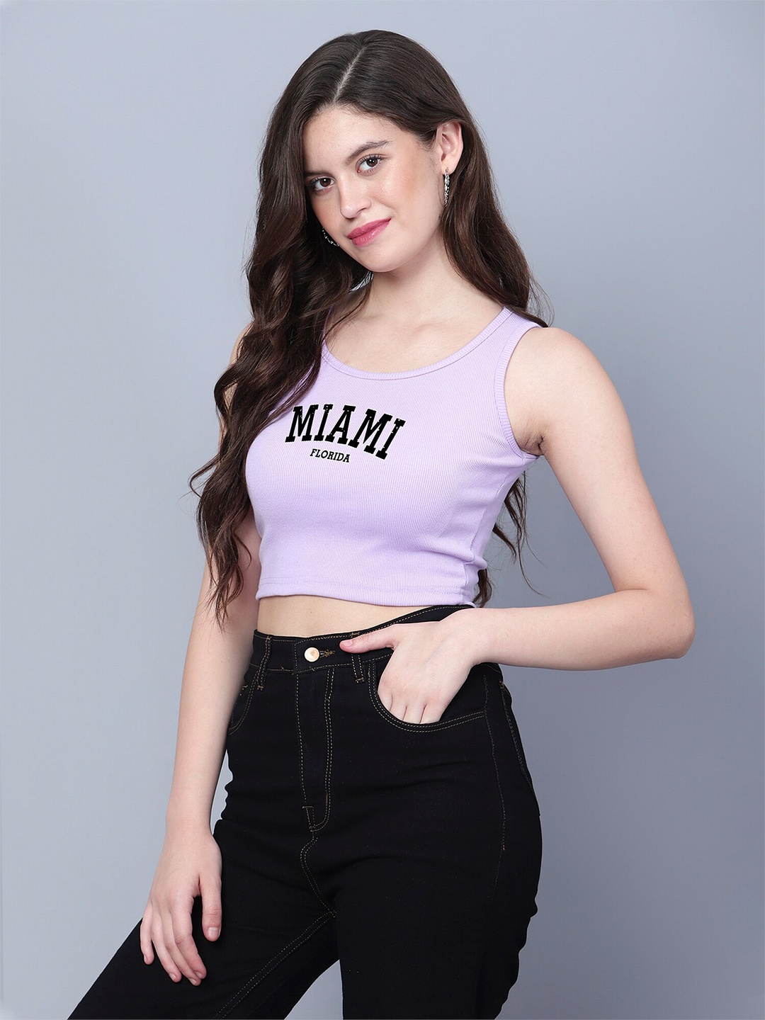 

Fashion And Youth Typography Printed Sleeveless Fitted Crop Top, Lavender