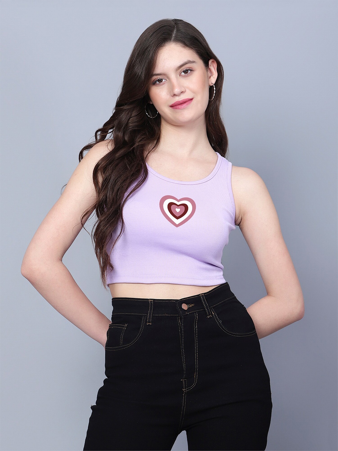 

Fashion And Youth Heart Shape Printed Cotton Fitted Crop Top, Lavender