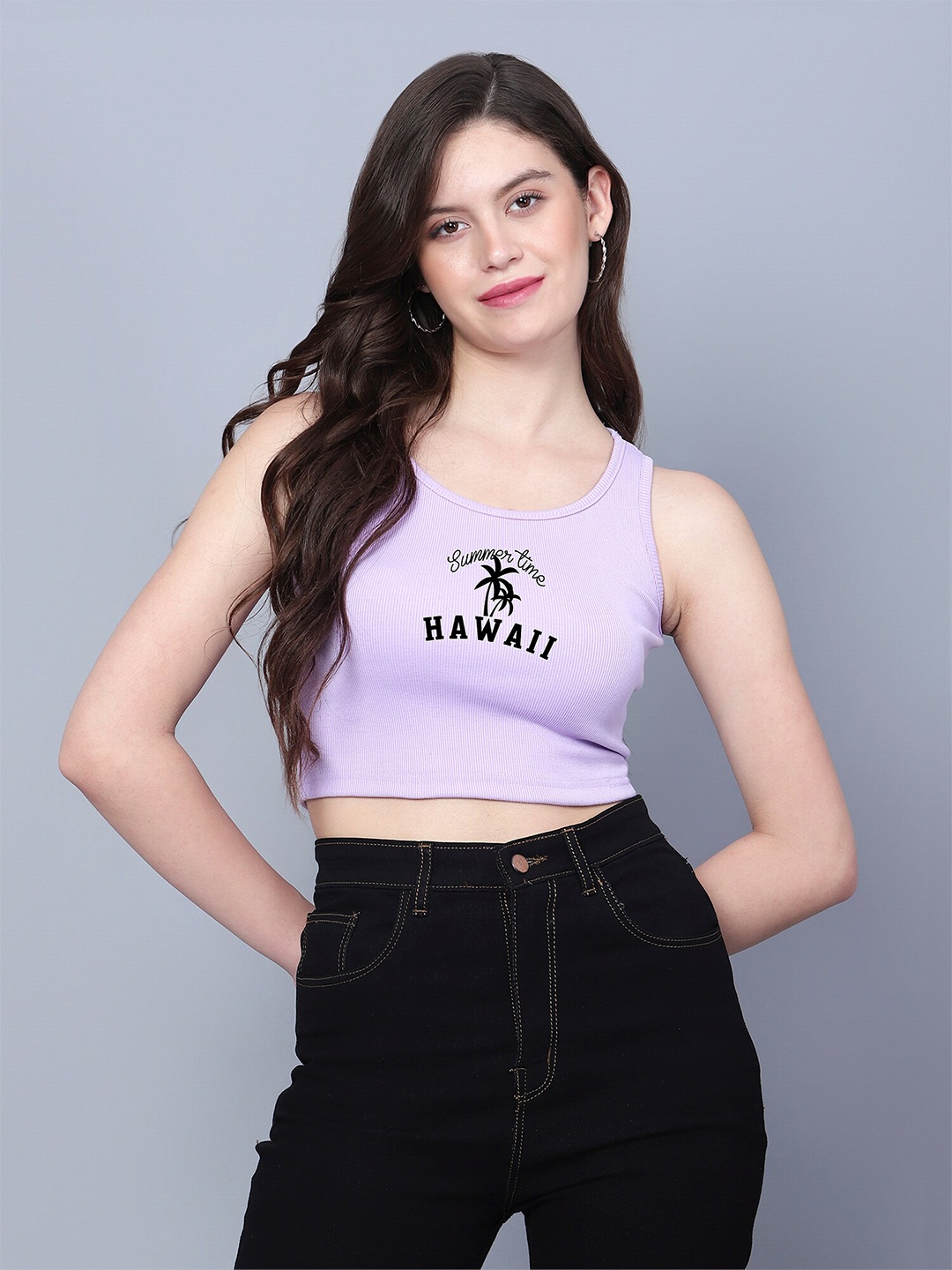 

Fashion And Youth Abstract Printed Sleeveless Crop Tank Top, Lavender