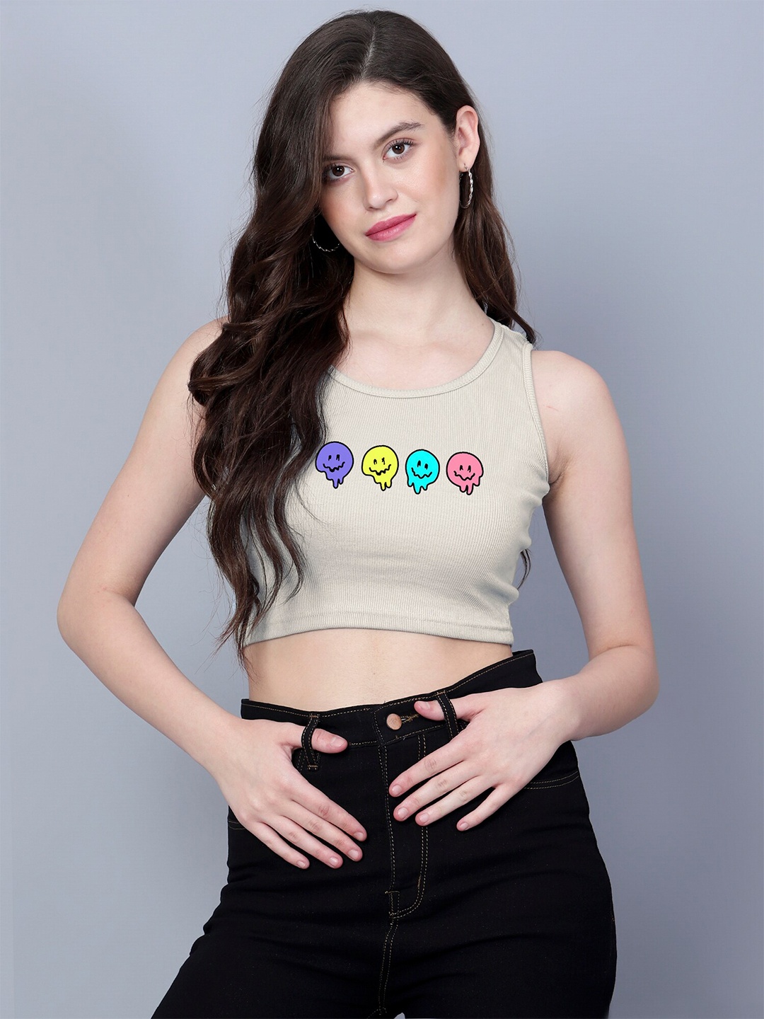 

Fashion And Youth Printed Round Neck Sleeveless Crop Top, Beige