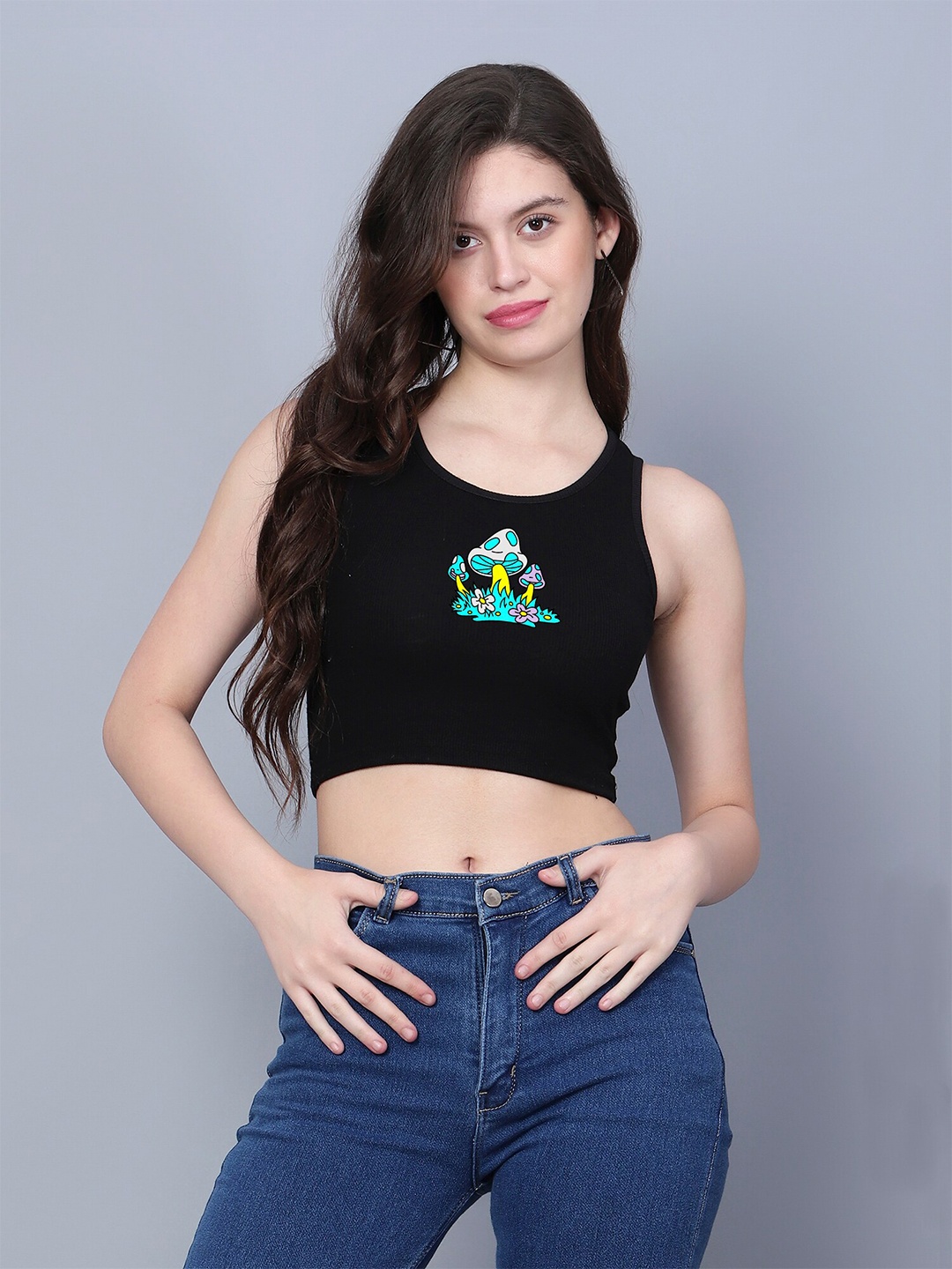 

Fashion And Youth Graphic Printed Sleeveless Crop Tank Top, Black