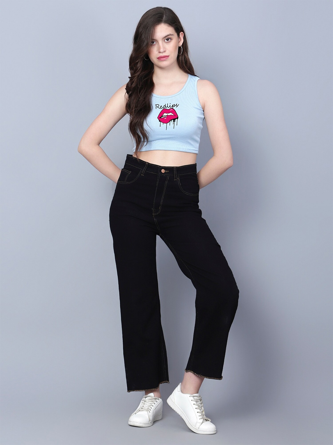 

Fashion And Youth Graphic Printed Round Neck Tank Crop Top, Turquoise blue