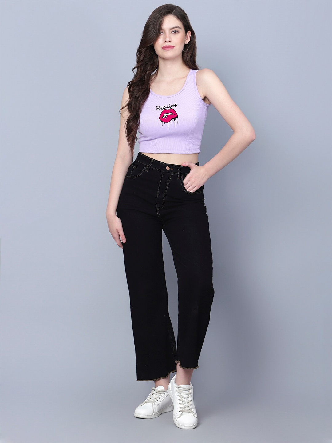 

Fashion And Youth Graphic Printed Sleeveless Fitted Crop Top, Lavender