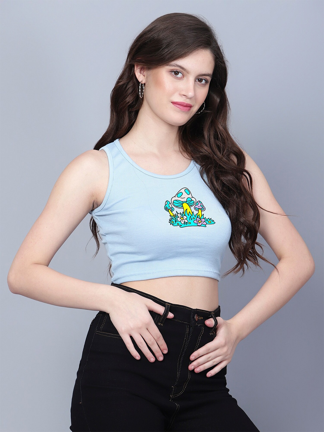 

Fashion And Youth Graphic Printed Sleeveless Fitted Crop Top, Turquoise blue