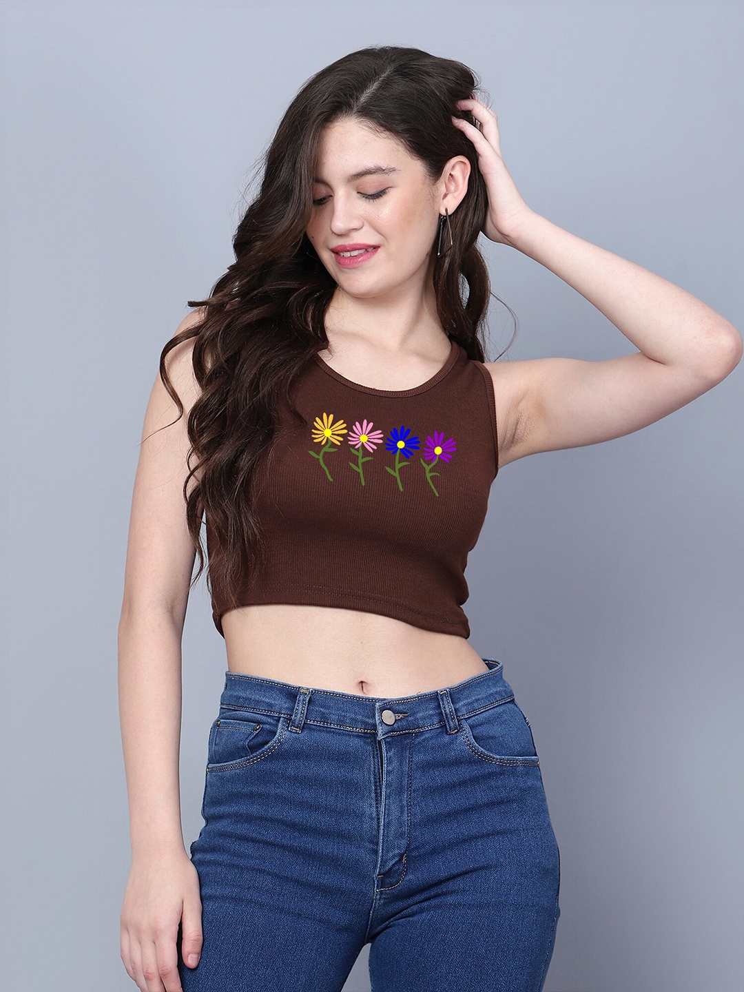

Fashion And Youth Graphic Printed Sleeveless Fitted Crop Top, Coffee brown