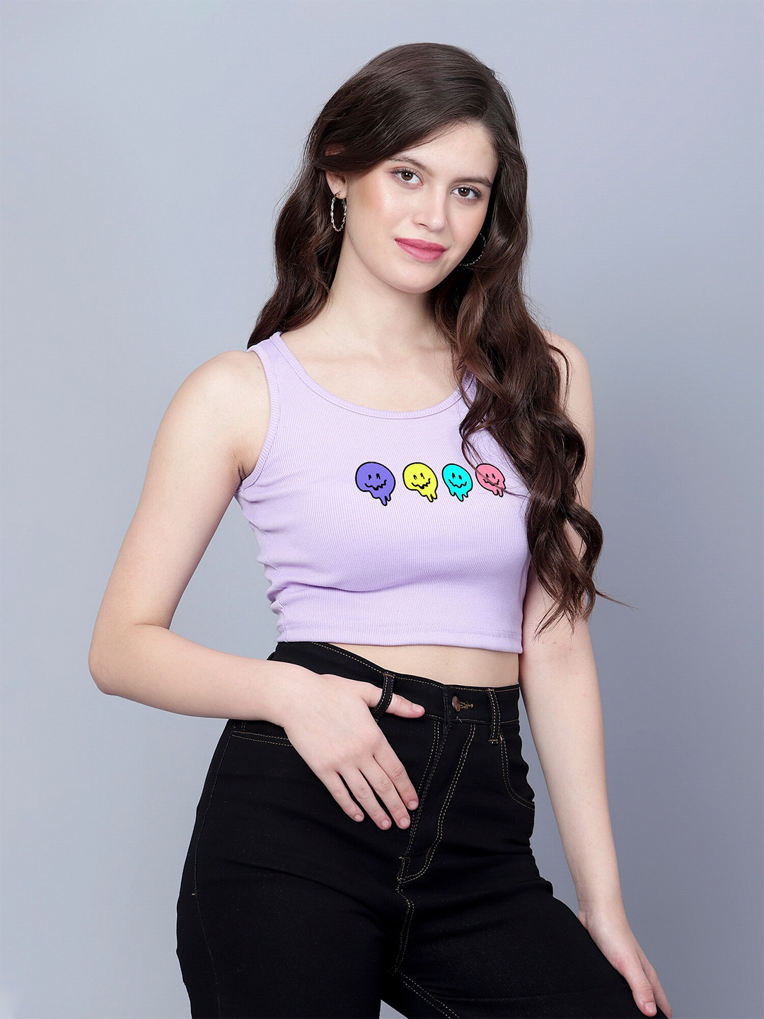 

Fashion And Youth Graphic Print Round Neck Fitted Crop Top, Lavender