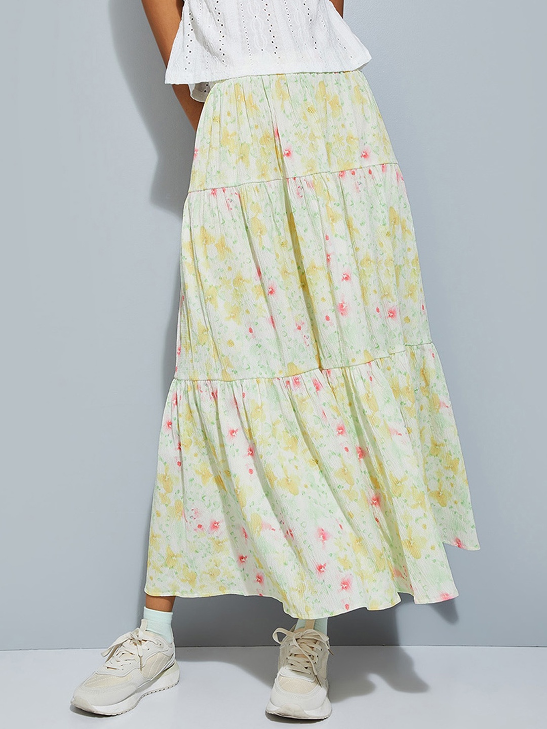 

max URB_N Women Printed Tiered Maxi Skirt, Green