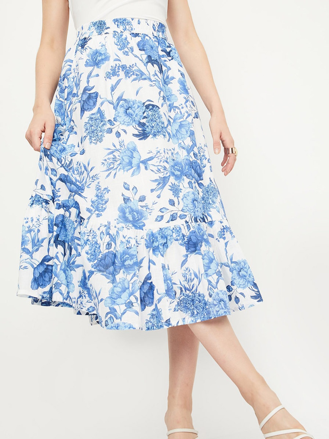 

max Women Printed Pure Cotton Maxi Flared Skirt, White