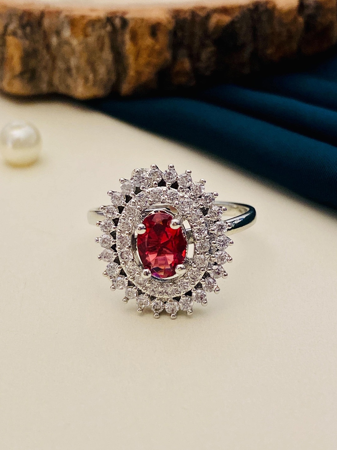 

Anouk Silver-Plated Red American Diamond Studded Finger Ring