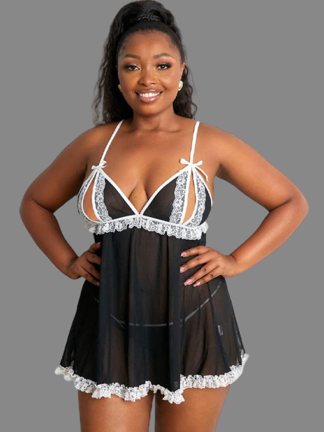 

VAGHBHATT Shoulder Strap Lace Sheer Patch Cut Out Babydoll, Black