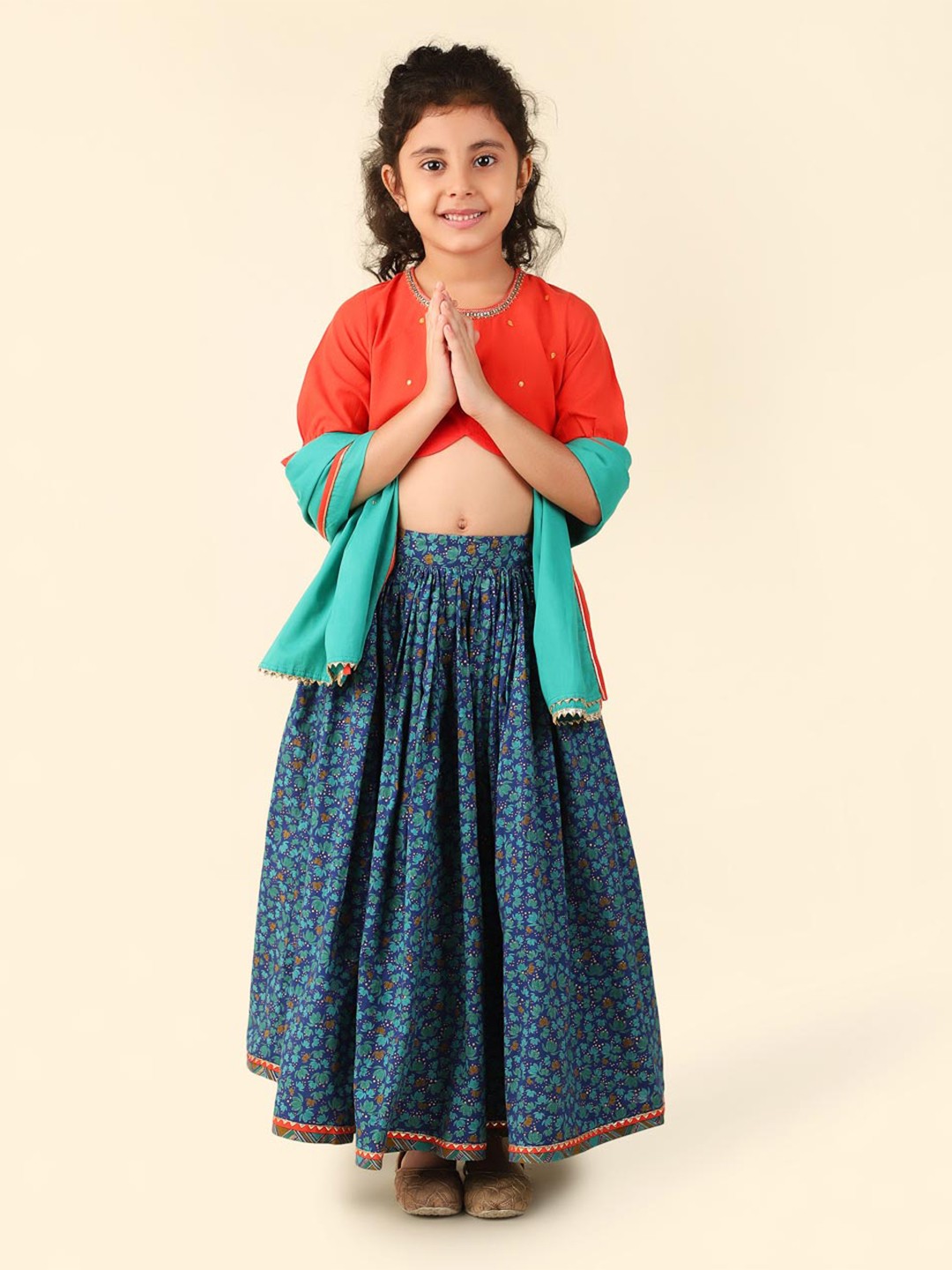

Fabindia Girls Printed Sequinned Ready to Wear Lehenga & Blouse With Dupatta, Blue