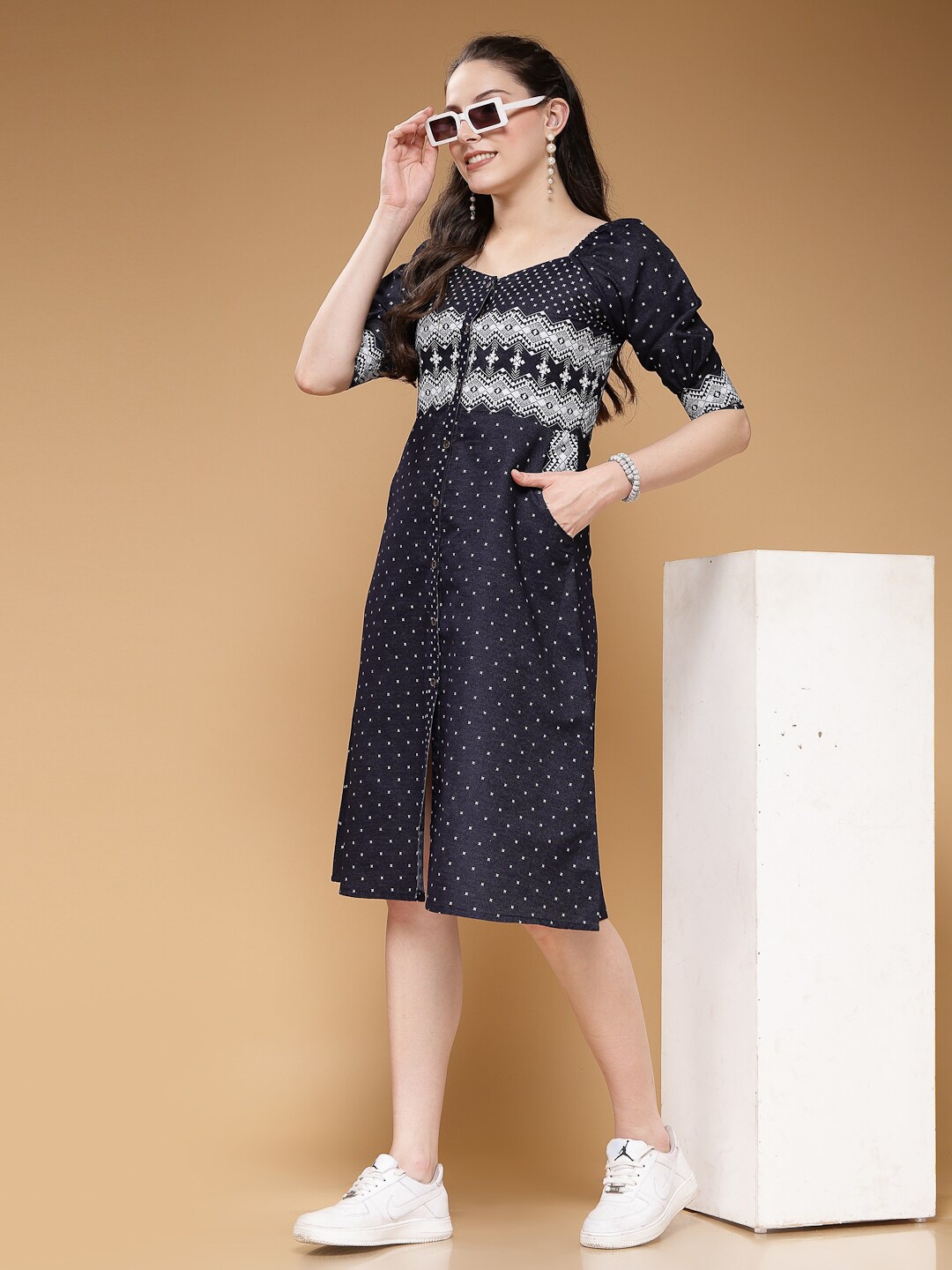 

Indibelle Print Puff Sleeve Denim A-Line Dress, Blue