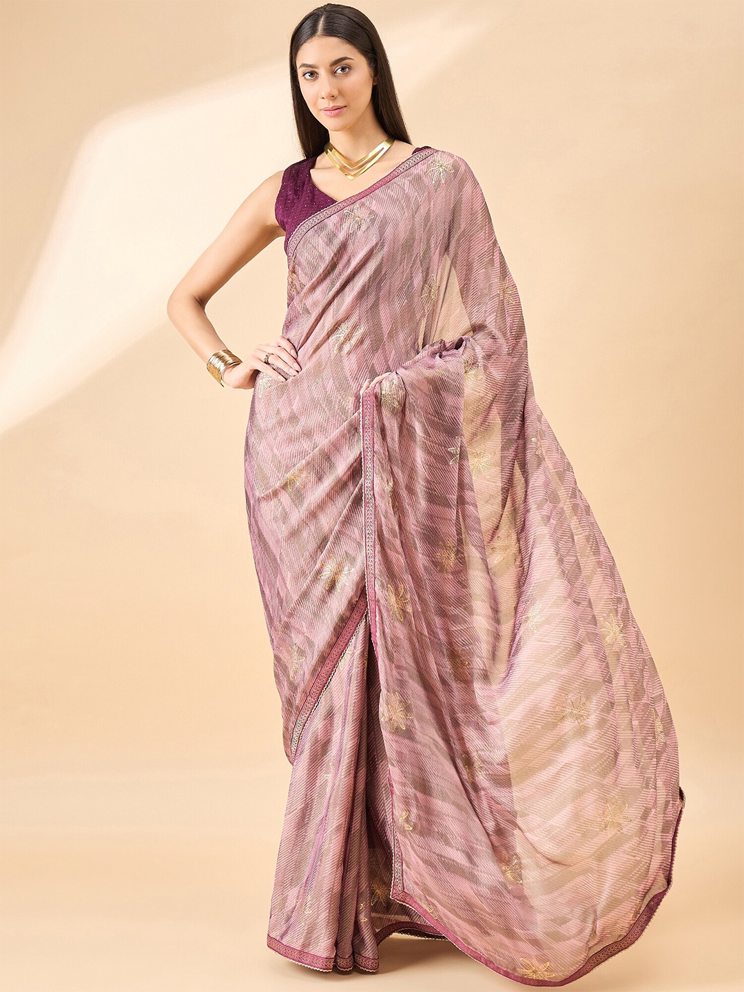 

Anouk Foil Print with Embellished Brasso Saree, Purple