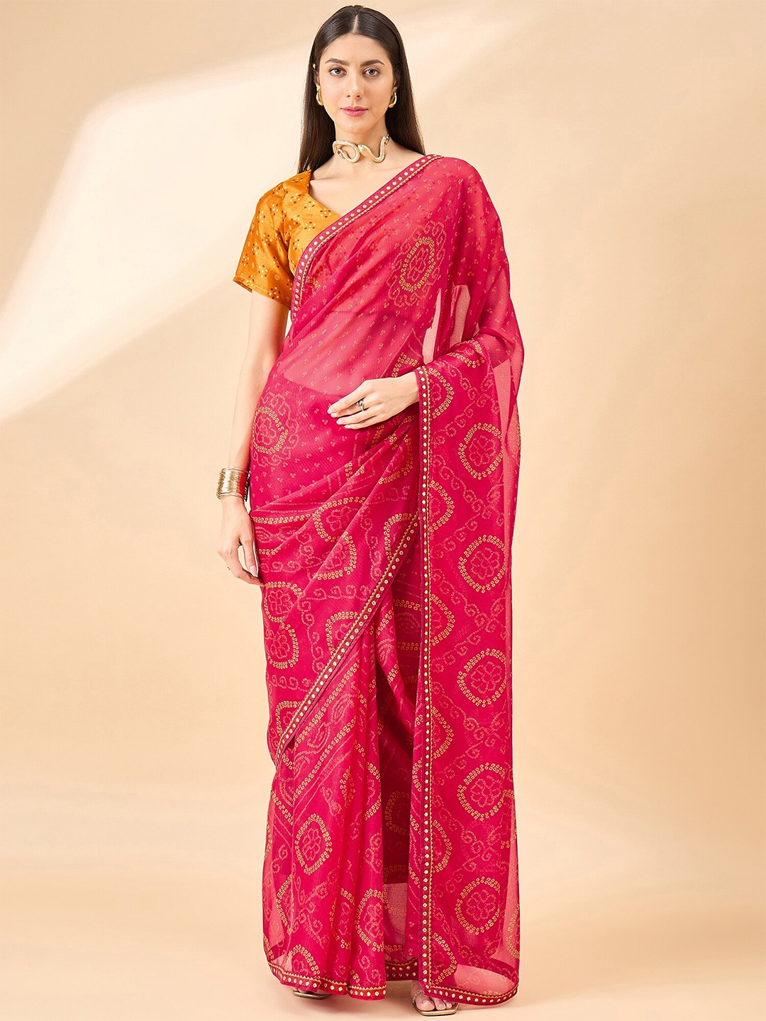 

Anouk Embellished Pure Chiffon Bandhani Print Saree, Pink