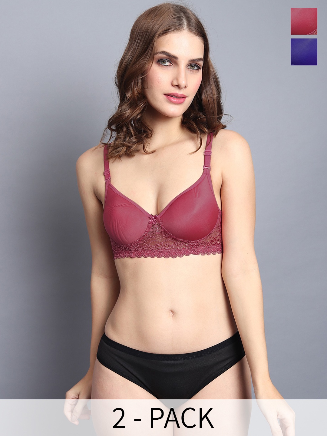 

PIBU Pack Of 2 Cotton Bra Panty Lingerie Set, Maroon