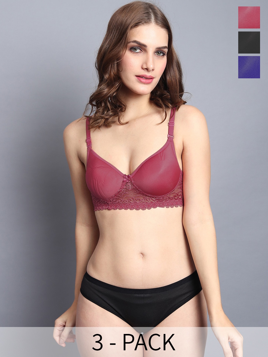

PIBU Pack Of 3 Cotton Bra Panty Lingerie Set, Maroon