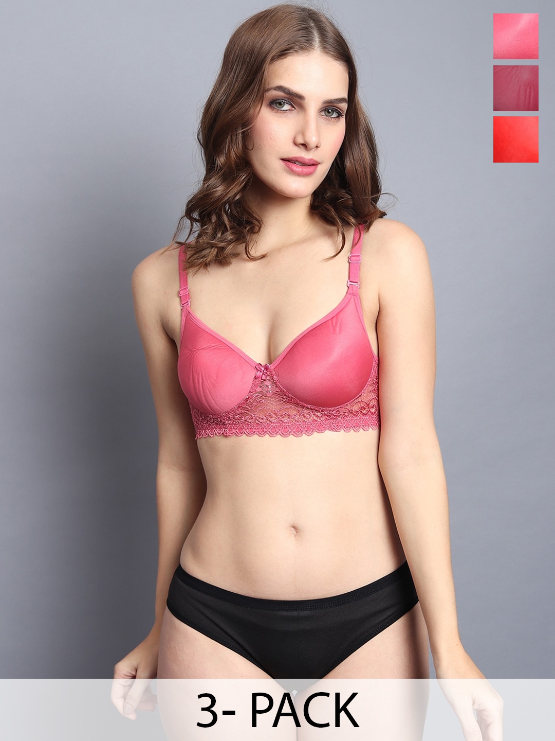 

PIBU Pack Of 3 Cotton Bra Panty Lingerie Set, Red