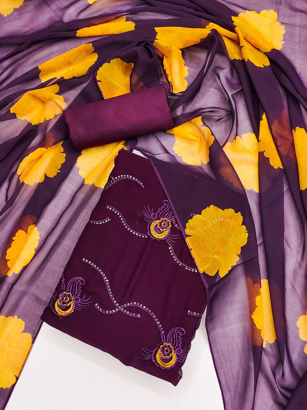 

KALINI Embroidered Silk Georgette Unstitched Dress Material, Purple