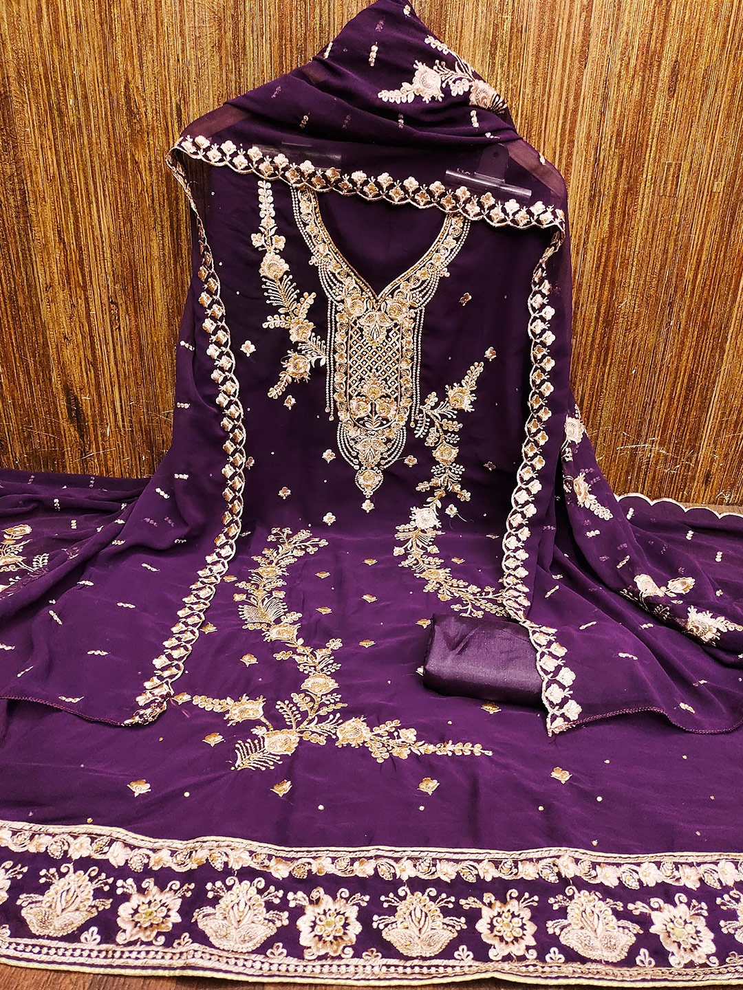 

KALINI Embroidered Silk Georgette Unstitched Dress Material, Purple