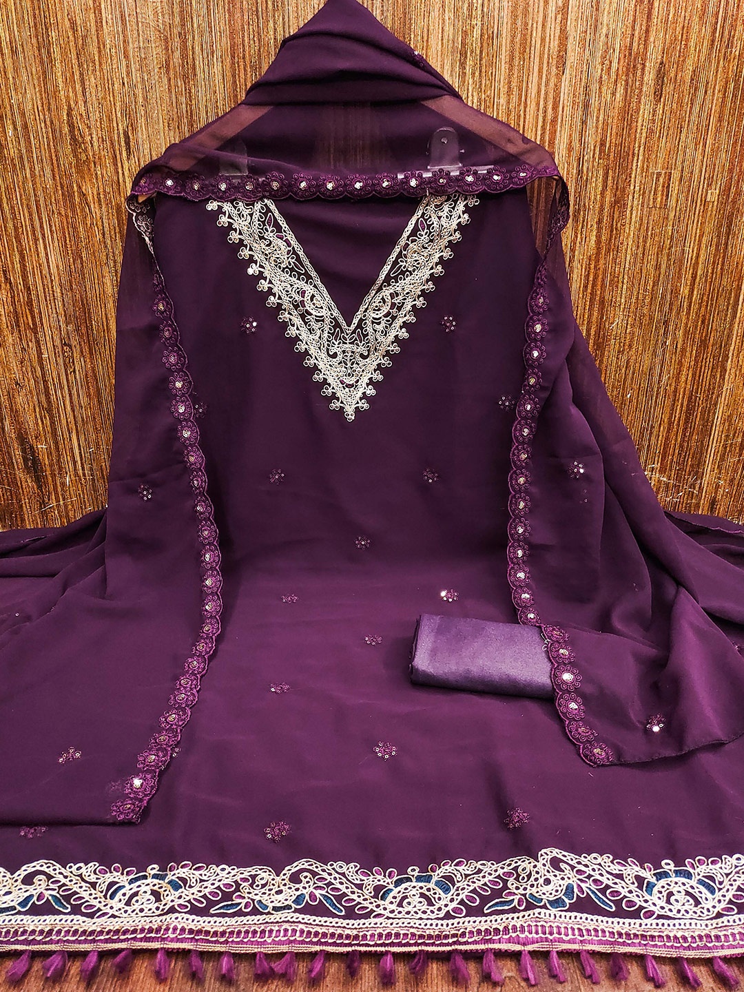 

KALINI Embroidered Silk Georgette Unstitched Dress Material, Purple