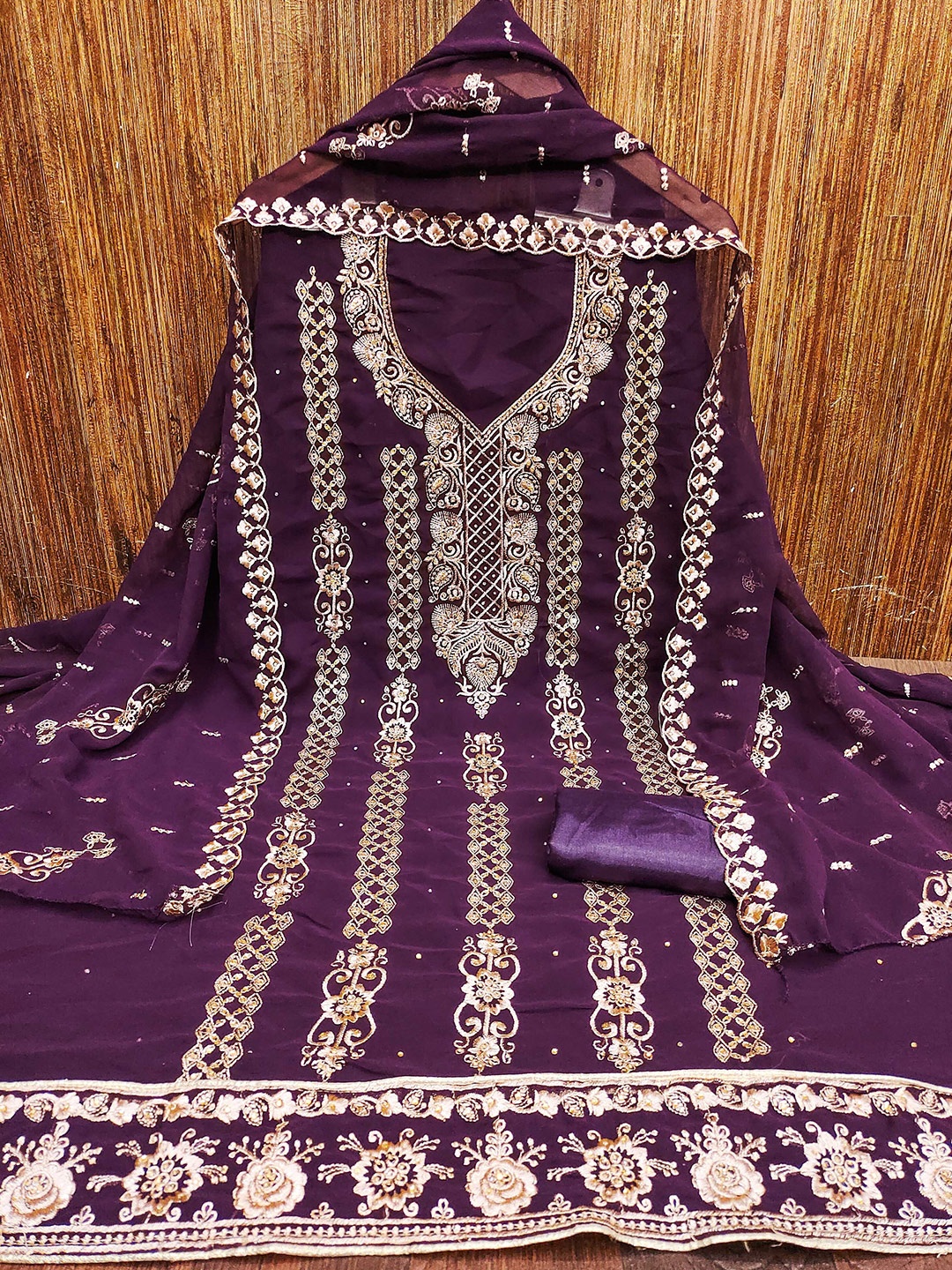 

KALINI Embroidered Silk Georgette Unstitched Dress Material, Purple