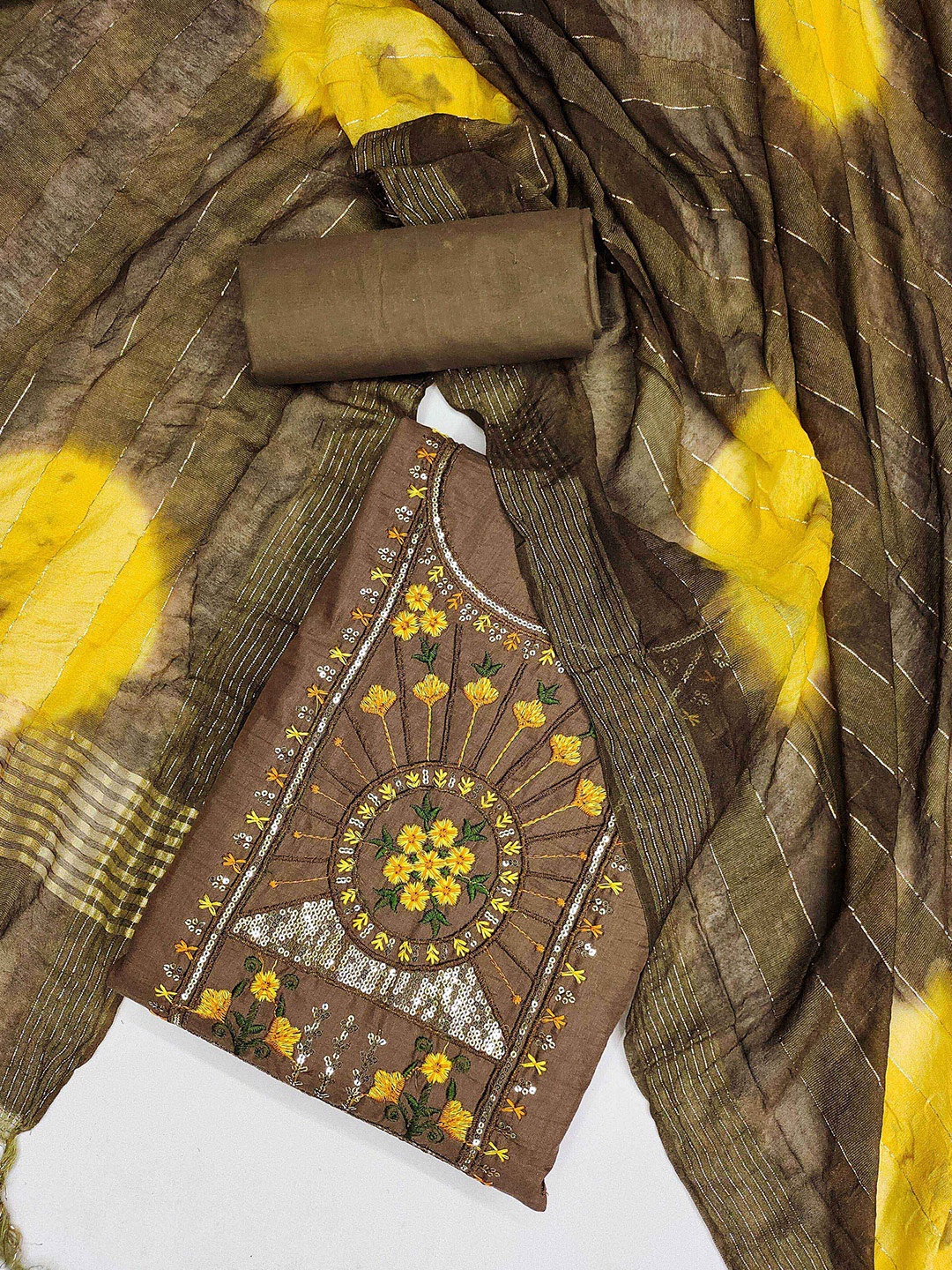 

KALINI Embroidered Unstitched Dress Material, Brown