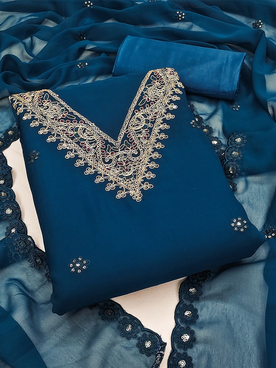 

KALINI Embroidered Silk Georgette Unstitched Dress Material, Blue