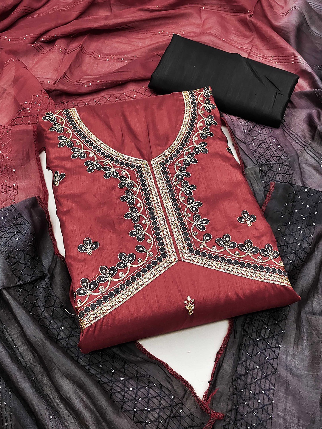 

KALINI Embroidered Unstitched Dress Material, Red