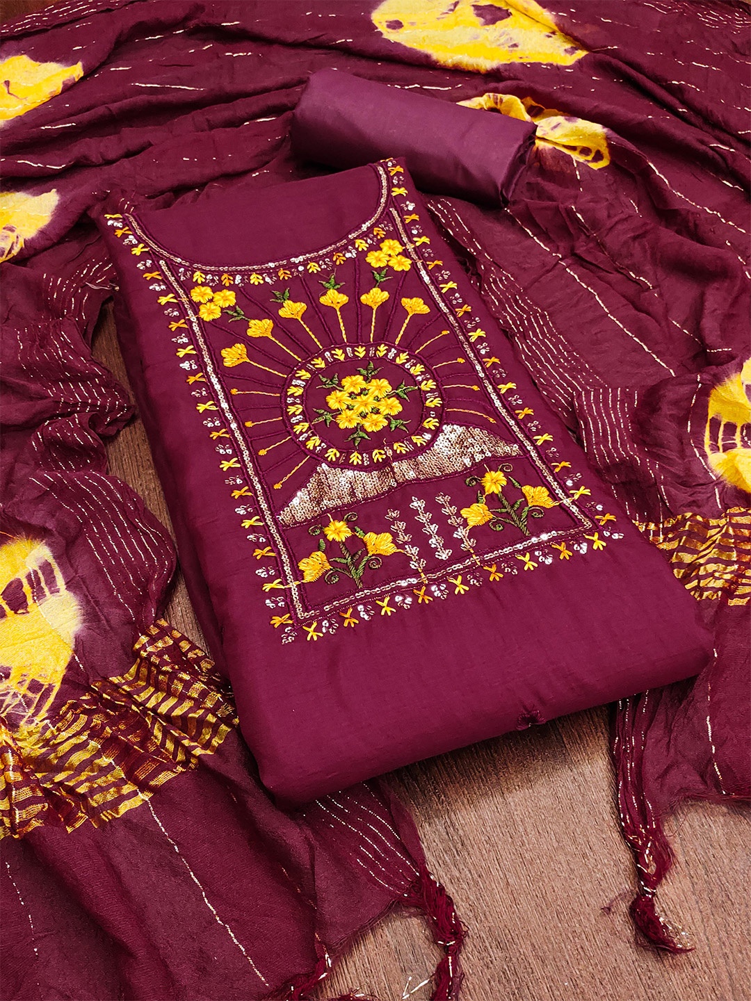 

KALINI Embroidered Unstitched Dress Material, Magenta