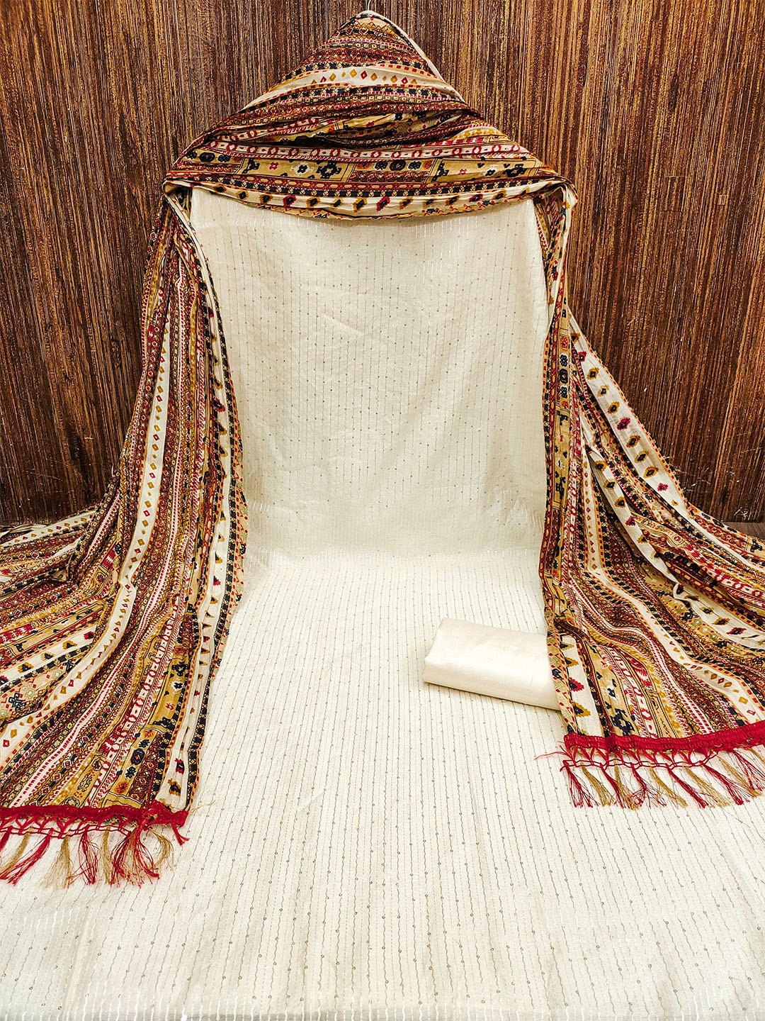 

KALINI Embroidered Unstitched Dress Material, Off white