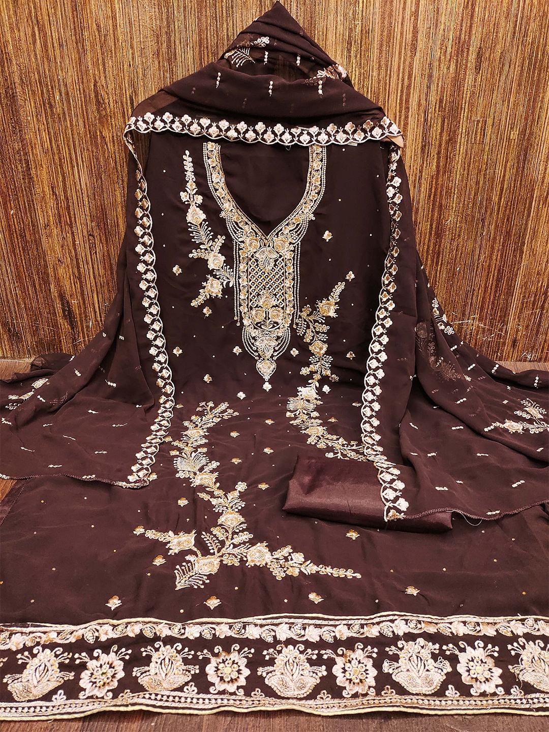 

KALINI Embroidered Silk Georgette Unstitched Dress Material, Brown