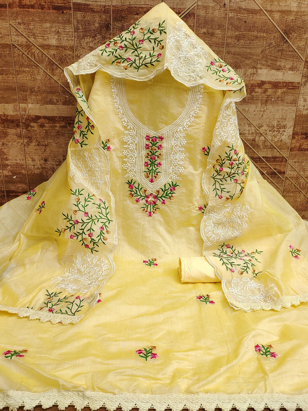 

KALINI Embroidered Unstitched Dress Material, Yellow
