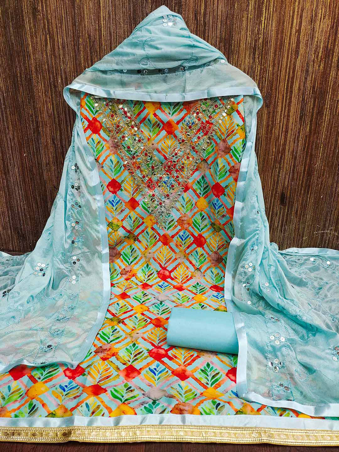 

KALINI Embroidered Unstitched Dress Material, Blue