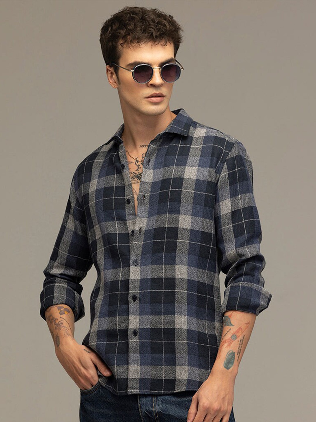 

Snitch Blue Classic Slim Fit Tartan Checks Cotton Checked Casual Shirt