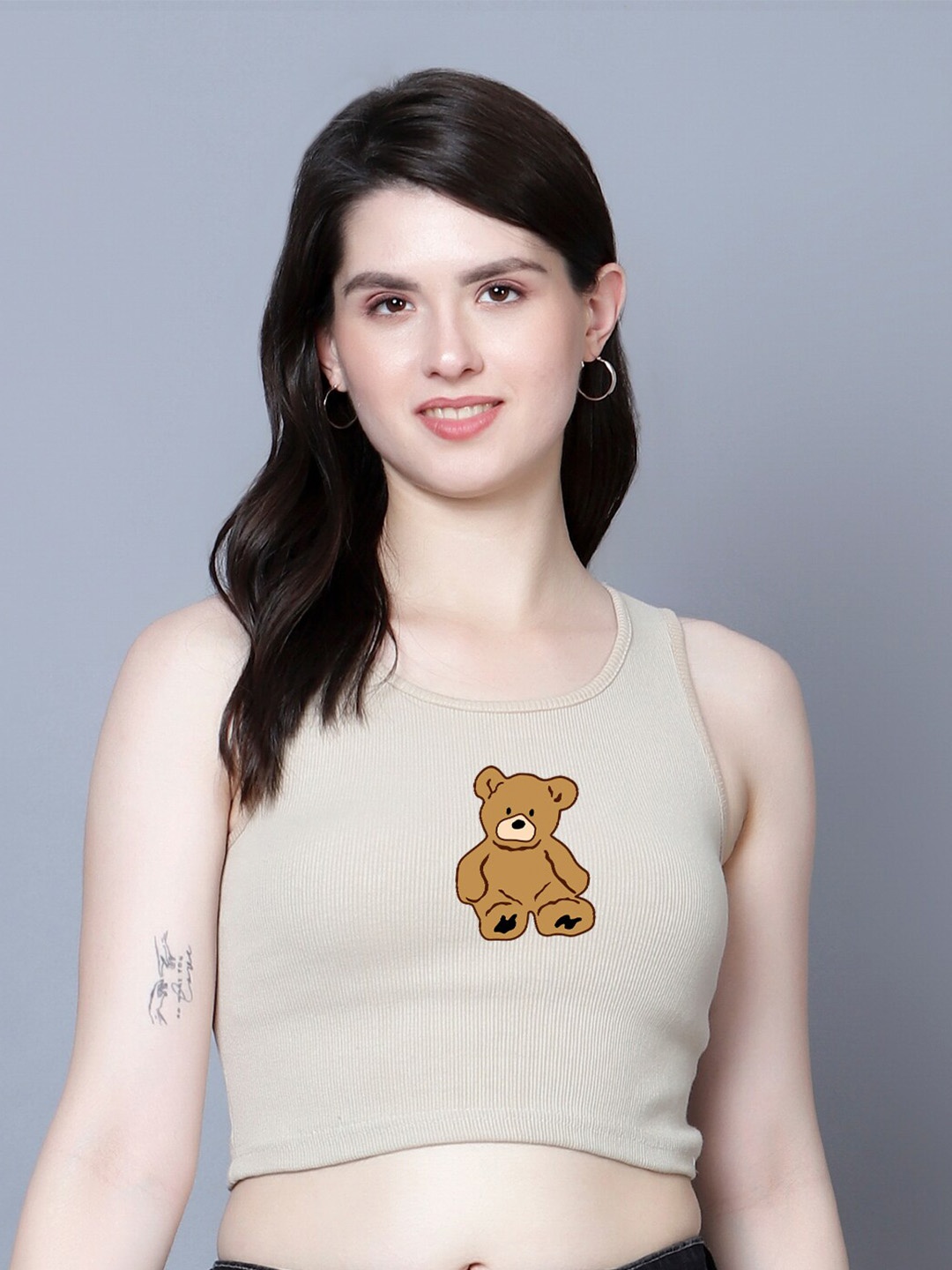 

Fashion And Youth Teddy Bear Printed Cotton Fitted Crop Top, Beige